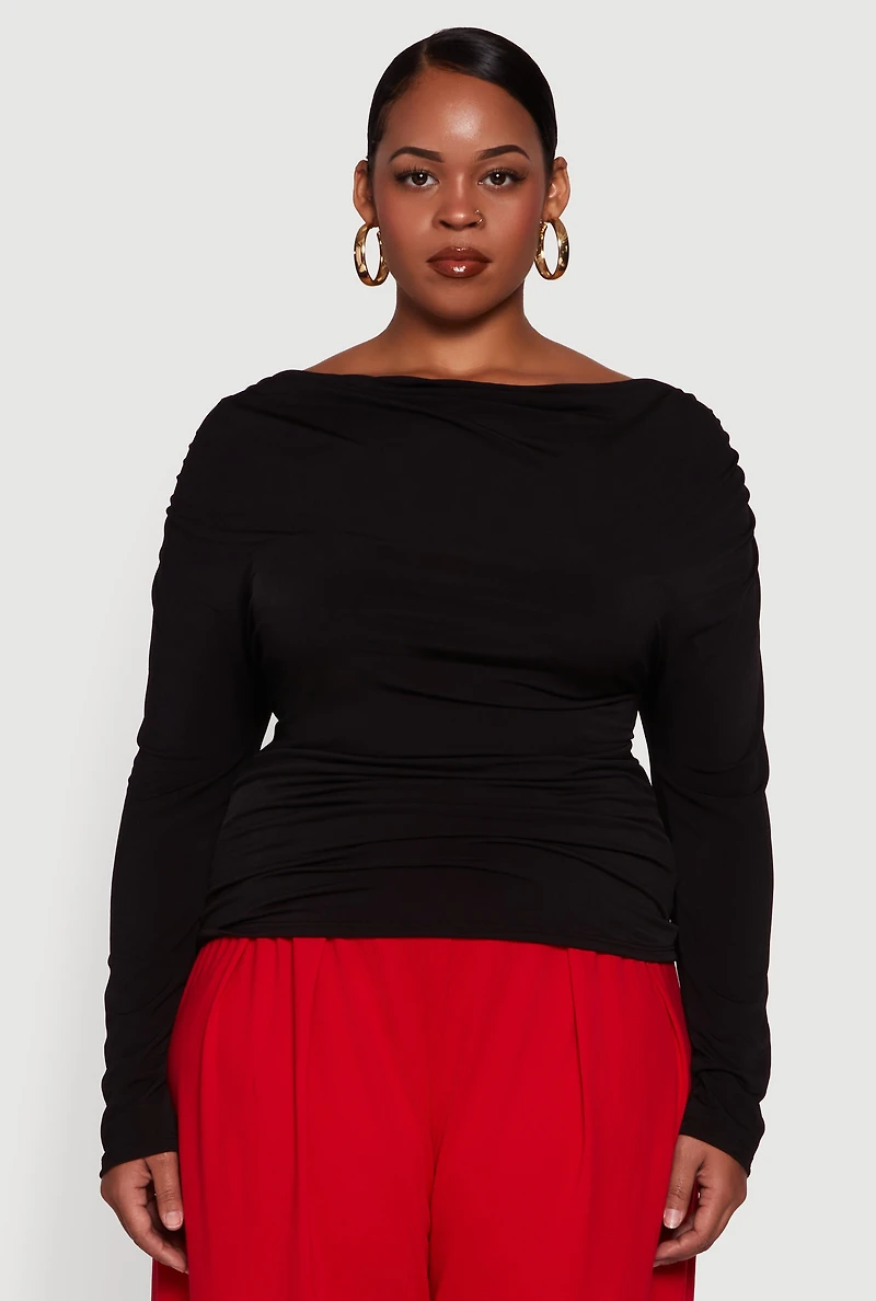 Womens Plus Cowl Neck Ruched Long Sleeve Blouse,
