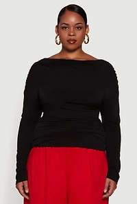 Womens Plus Cowl Neck Ruched Long Sleeve Blouse,