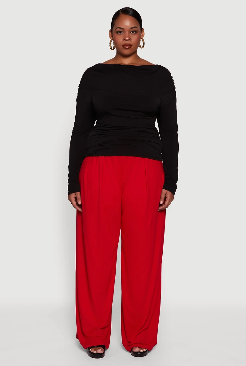 Womens Plus Cowl Neck Ruched Long Sleeve Blouse,