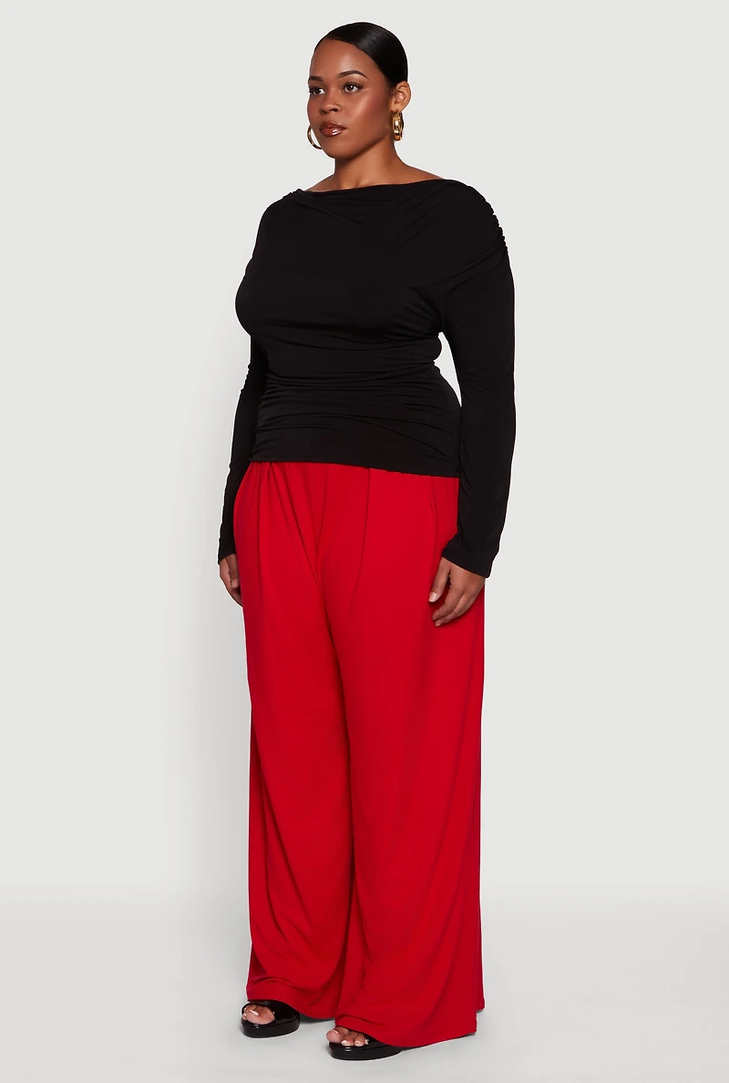 Womens Plus Cowl Neck Ruched Long Sleeve Blouse,