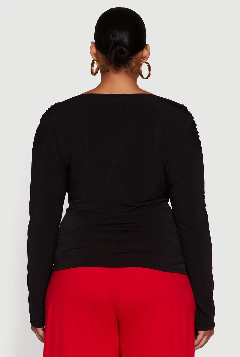 Plus Boat Neck Ruched Long Sleeve Blouse