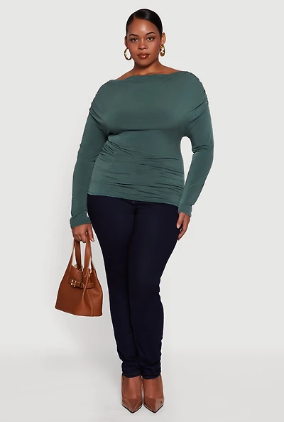 Womens Plus Boat Neck Ruched Long Sleeve Blouse,