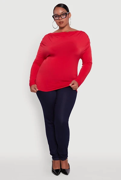 Plus Boat Neck Ruched Long Sleeve Blouse