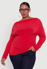 Womens Plus Size Boat Neck Ruched Long Sleeve Blouse, Red, Size 3X