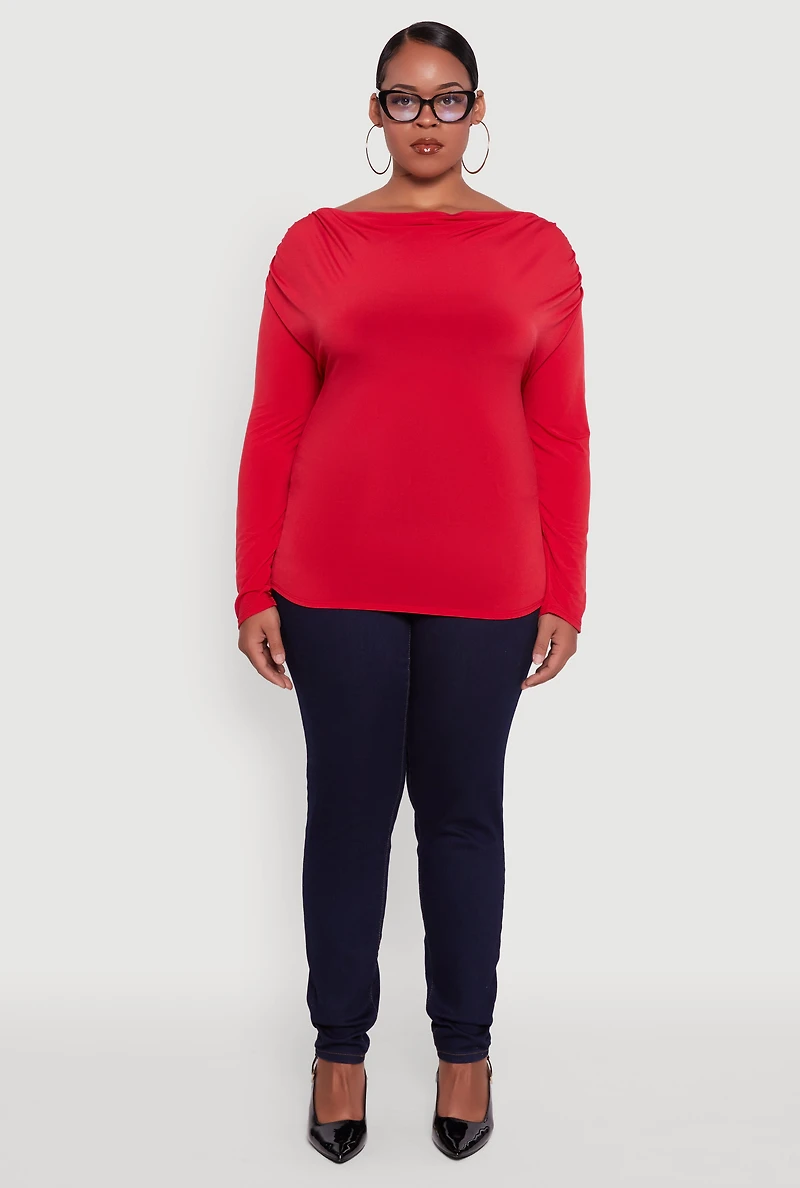 Womens Plus Size Boat Neck Ruched Long Sleeve Blouse, Red, Size 3X