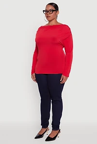 Womens Plus Size Boat Neck Ruched Long Sleeve Blouse, Red, Size 3X