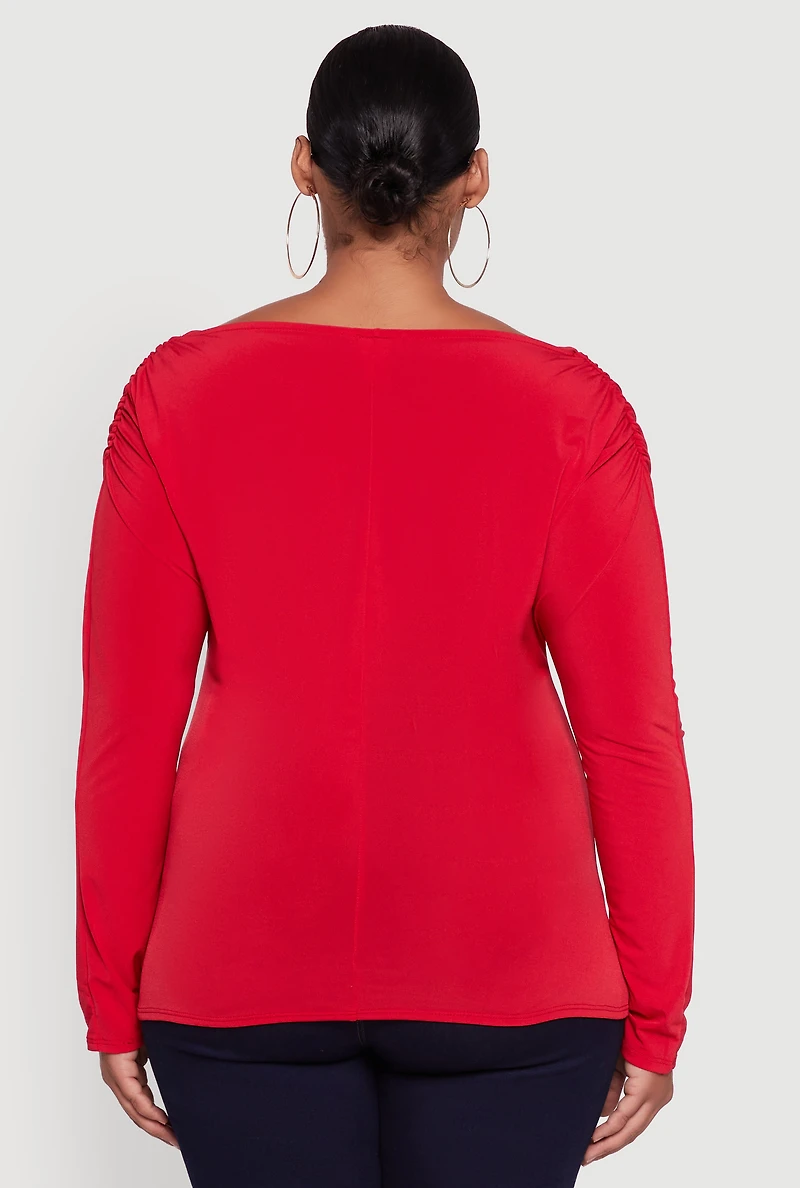 Womens Plus Size Boat Neck Ruched Long Sleeve Blouse, Red, Size 3X