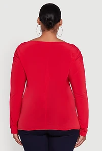 Womens Plus Size Boat Neck Ruched Long Sleeve Blouse, Red, Size 3X