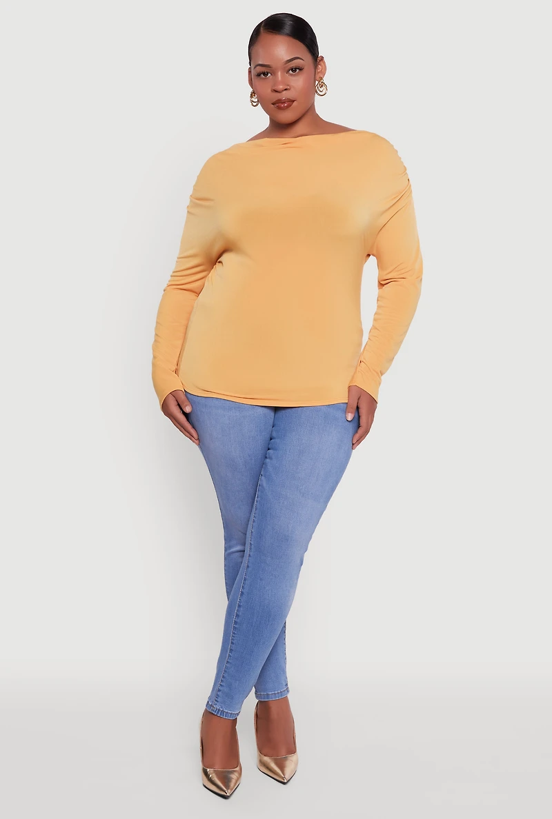 Womens Plus Size Boat Neck Ruched Long Sleeve Blouse, Yellow, Size 1X