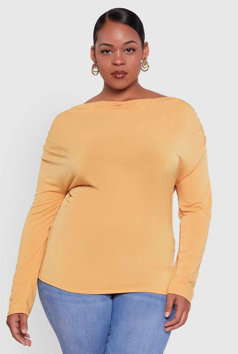 Womens Plus Size Boat Neck Ruched Long Sleeve Blouse, Yellow, Size 1X