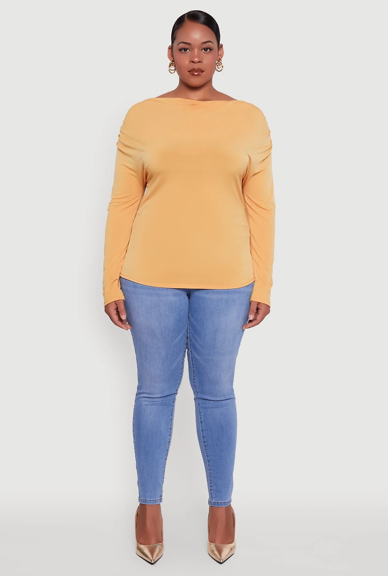 Womens Plus Size Boat Neck Ruched Long Sleeve Blouse, Yellow, Size 1X