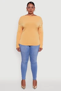 Womens Plus Size Boat Neck Ruched Long Sleeve Blouse, Yellow, Size 1X