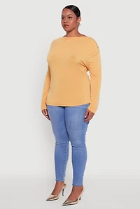 Womens Plus Size Boat Neck Ruched Long Sleeve Blouse, Yellow, Size 1X