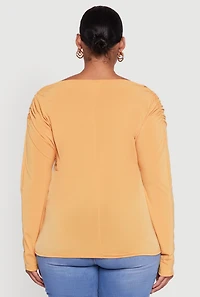 Womens Plus Size Boat Neck Ruched Long Sleeve Blouse, Yellow, Size 1X