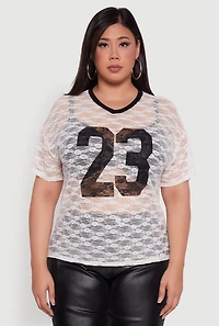 Womens Plus Size 23 Graphic Lace V-Neck T-Shirt, White, Size 1X