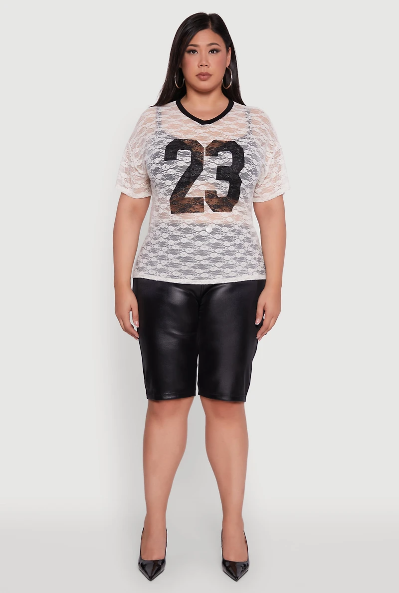 Womens Plus Size 23 Graphic Lace V-Neck T-Shirt, White, Size 1X