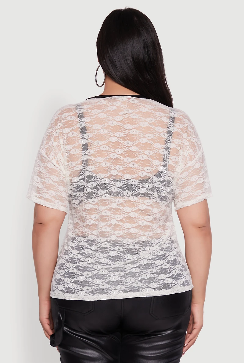 Womens Plus Size 23 Graphic Lace V-Neck T-Shirt, White, Size 1X