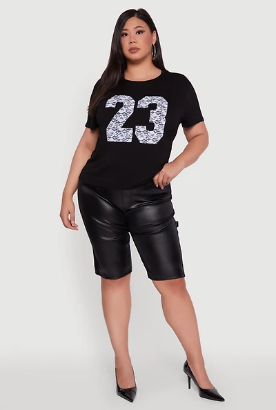 Womens Plus Floral Lace 23 Graphic Tee, Black,