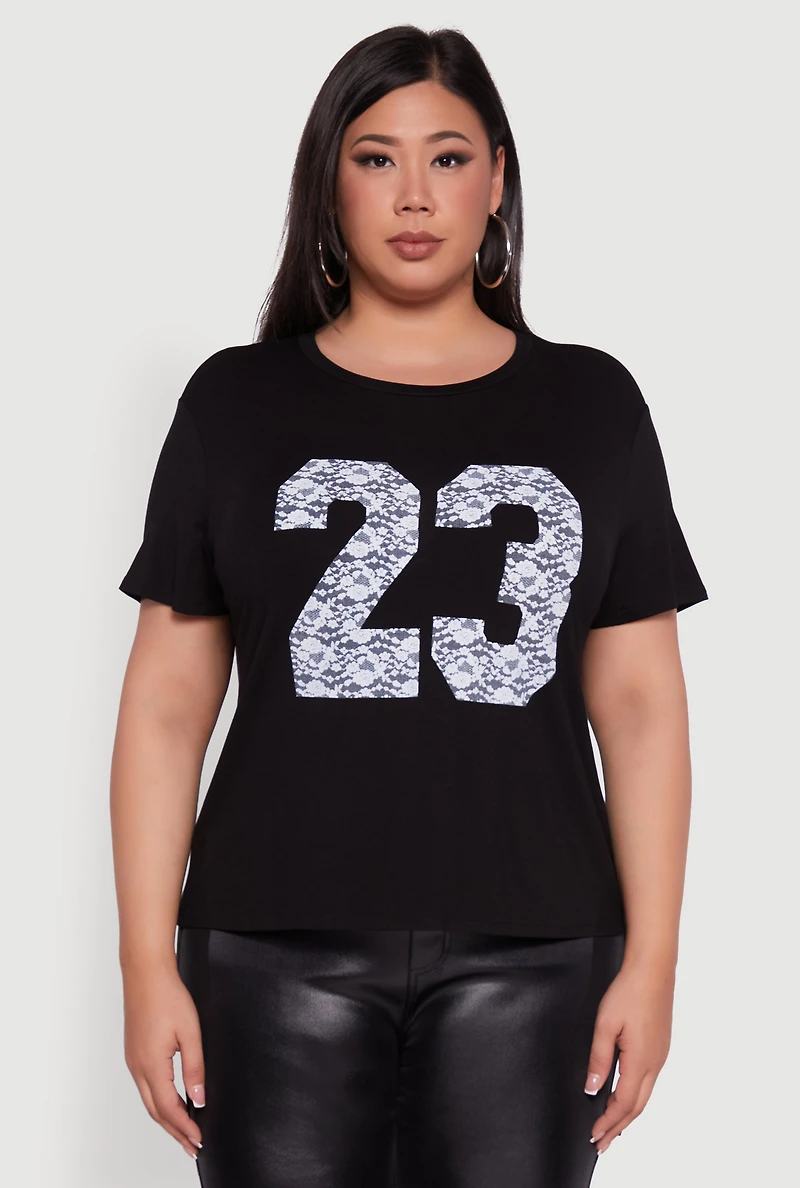 Womens Plus Floral Lace 23 Graphic Tee, Black,