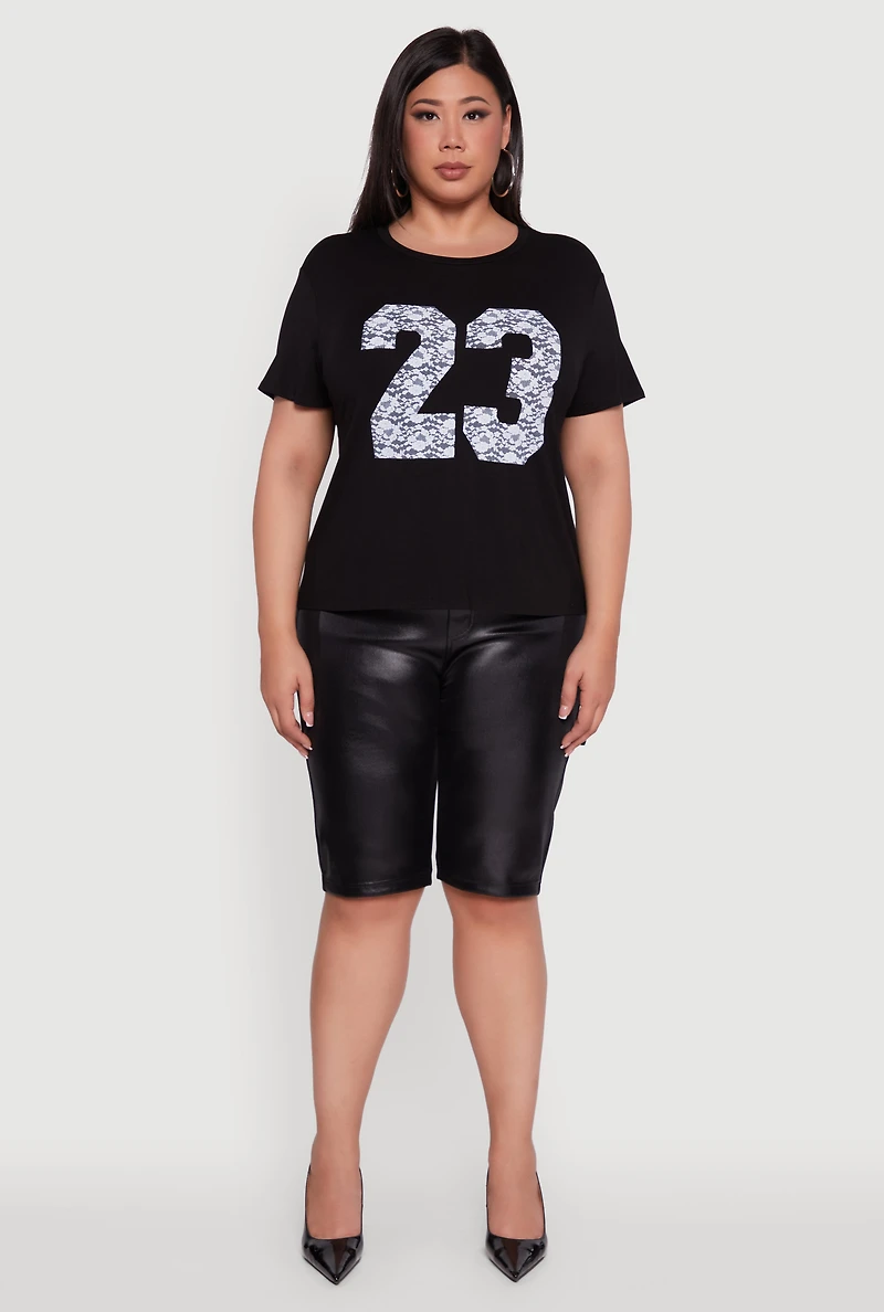 Womens Plus Floral Lace 23 Graphic Tee, Black,