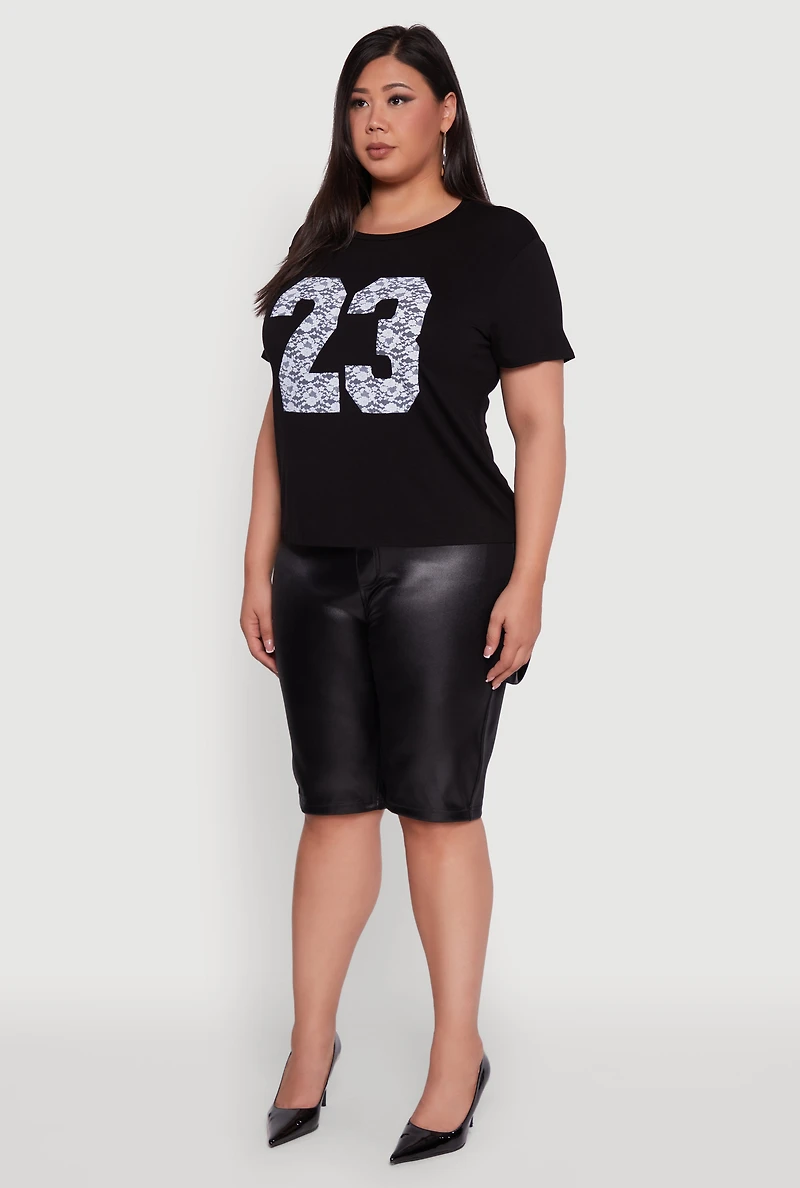 Womens Plus Floral Lace 23 Graphic Tee, Black,