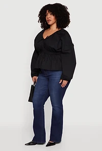 Plus Bubble Sleeve V-Neck Peplum Top