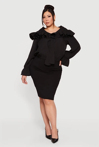Plus Bell Sleeve Tie Front Ruffle Trim Blouse
