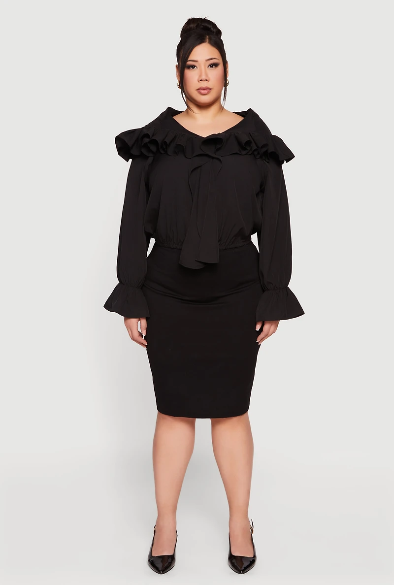 Plus Bell Sleeve Tie Front Ruffle Trim Blouse