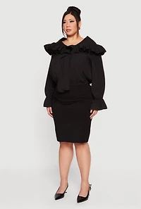 Womens Plus Bell Sleeve Tie Front Ruffle Trim Blouse, 1X