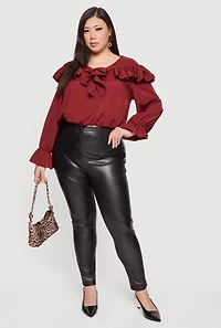 Plus Bell Sleeve Tie Front Ruffle Trim Blouse