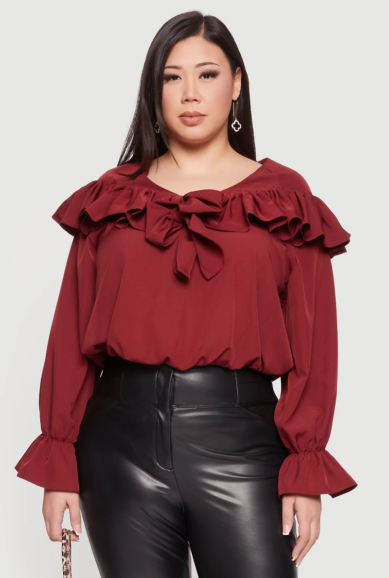 Plus Bell Sleeve Tie Front Ruffle Trim Blouse