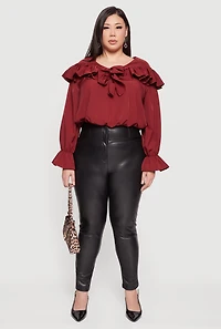 Plus Bell Sleeve Tie Front Ruffle Trim Blouse