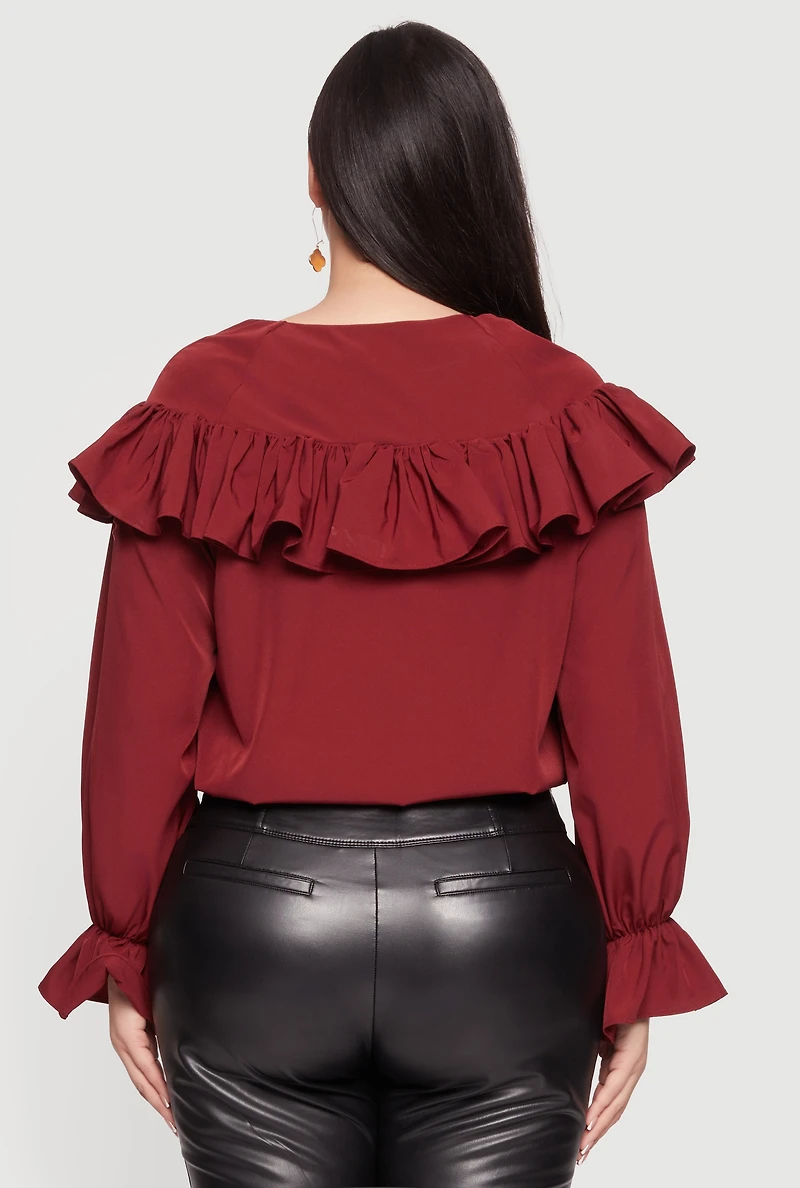 Plus Bell Sleeve Tie Front Ruffle Trim Blouse