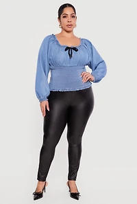 Plus Chambray Smocked Peasant Top with Bow