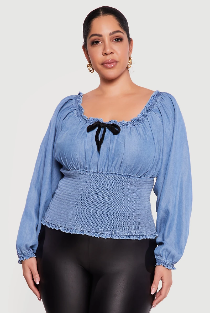 Plus Chambray Smocked Peasant Top with Bow