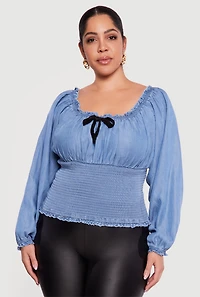 Plus Chambray Smocked Peasant Top with Bow