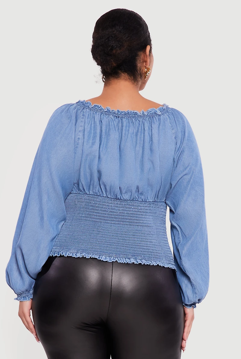 Plus Chambray Smocked Peasant Top with Bow