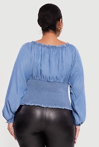 Plus Chambray Smocked Peasant Top with Bow