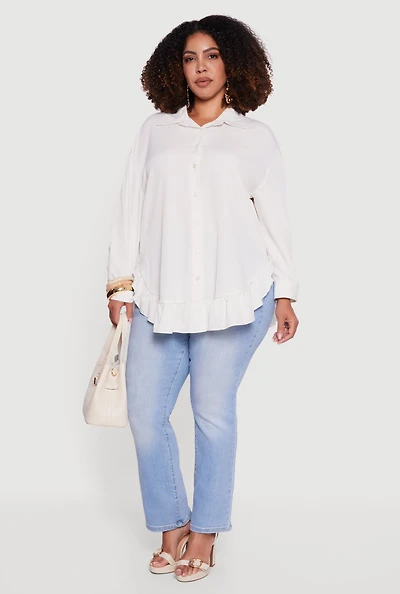 Womens Plus Flounce Hem Button Front Shirt, White,