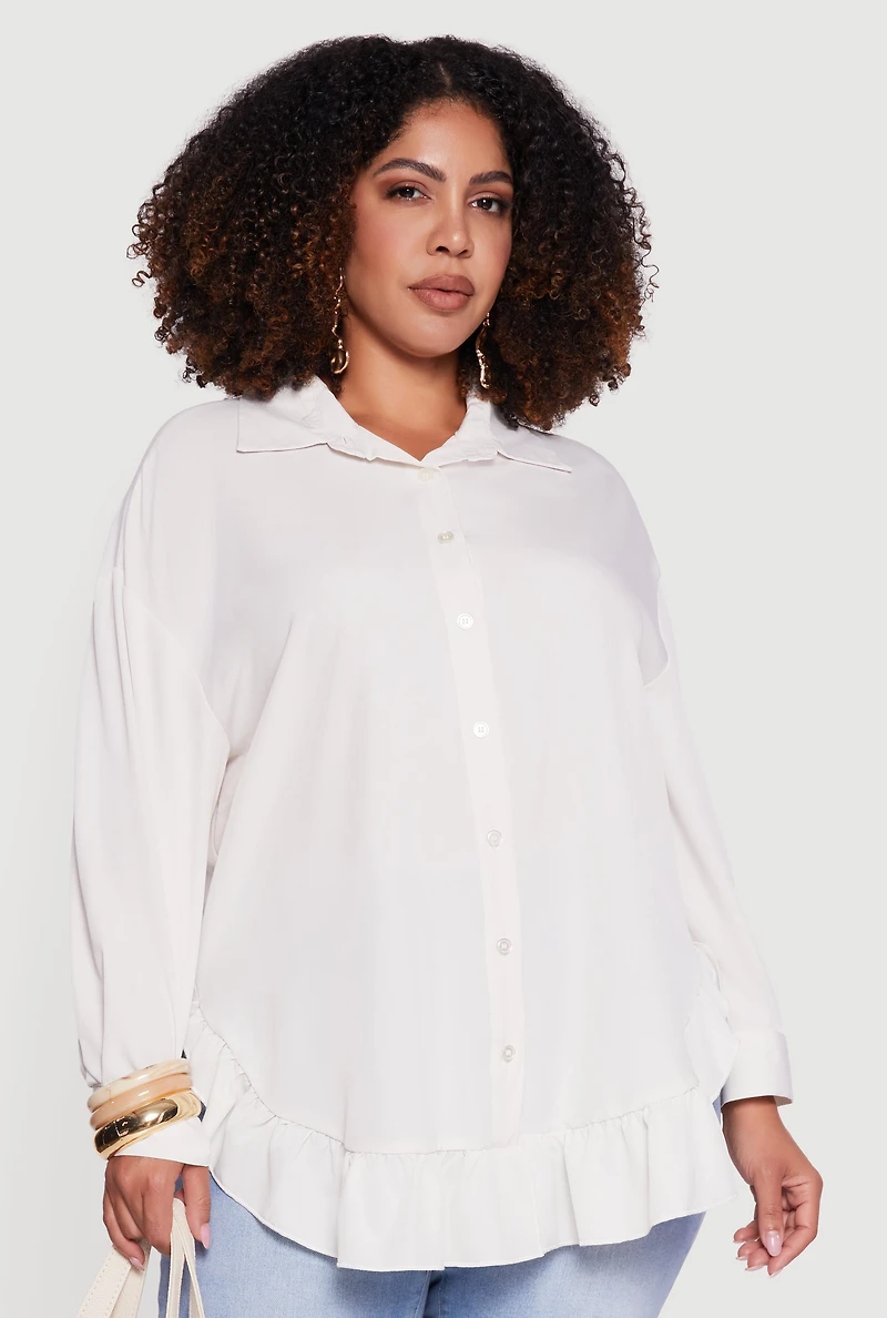 Plus Flounce Hem Button Front Shirt