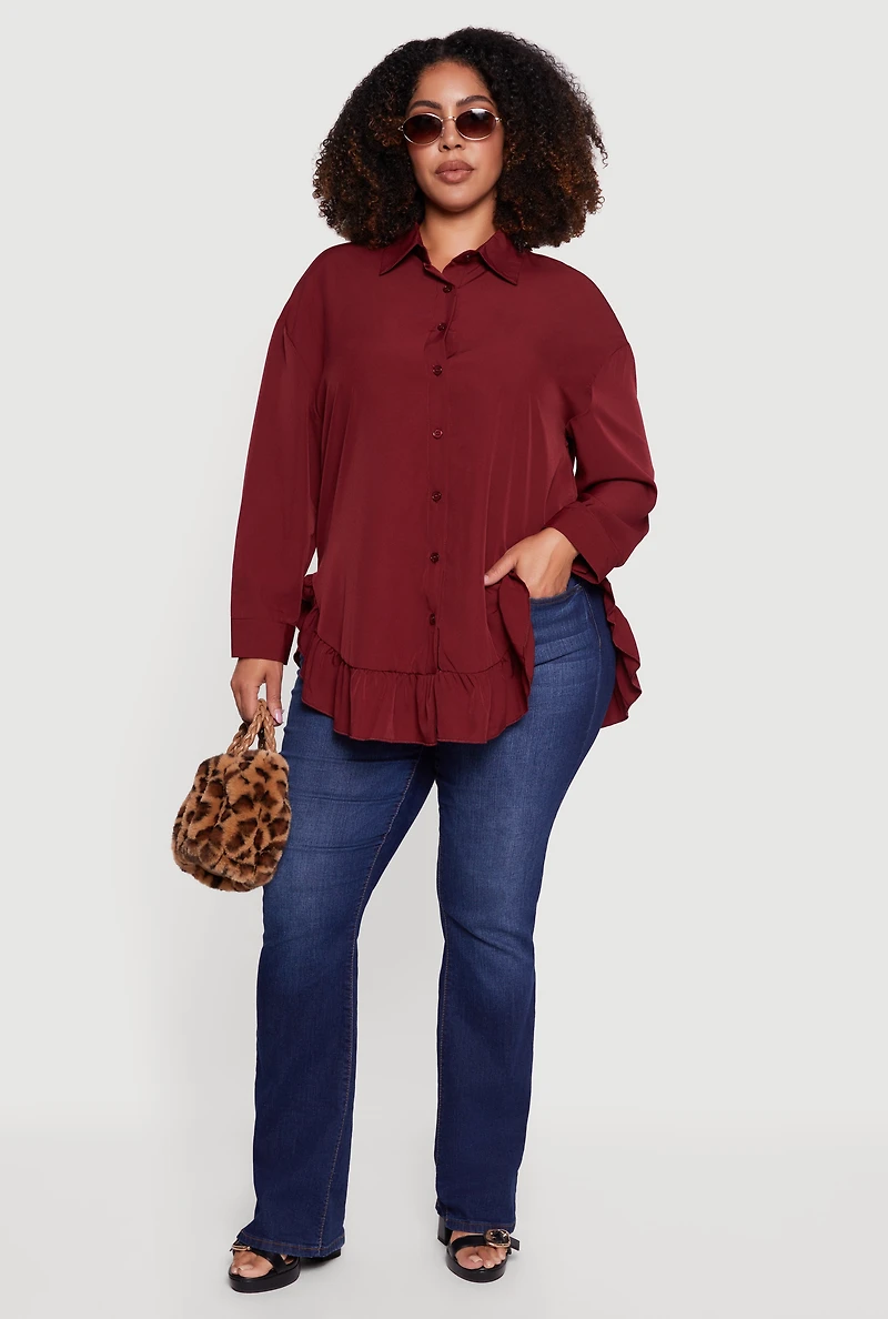 Womens Plus Flounce Hem Button Front Shirt, Burgundy,