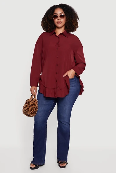 Womens Plus Flounce Hem Button Front Shirt, Burgundy,