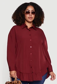 Womens Plus Flounce Hem Button Front Shirt, Burgundy,