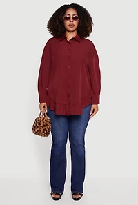 Womens Plus Flounce Hem Button Front Shirt, Burgundy,