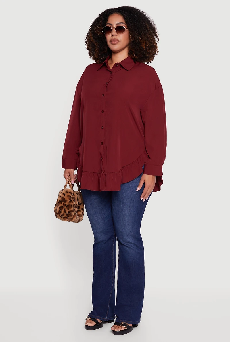 Womens Plus Flounce Hem Button Front Shirt, Burgundy,