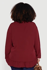 Womens Plus Flounce Hem Button Front Shirt, Burgundy,