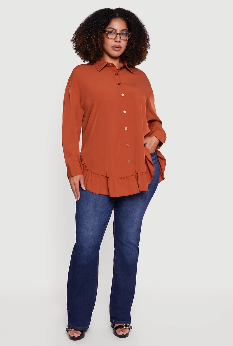 Plus Flounce Hem Button Front Shirt