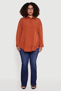Womens Plus Size Flounce Hem Button Front Shirt, Orange, Size 1X