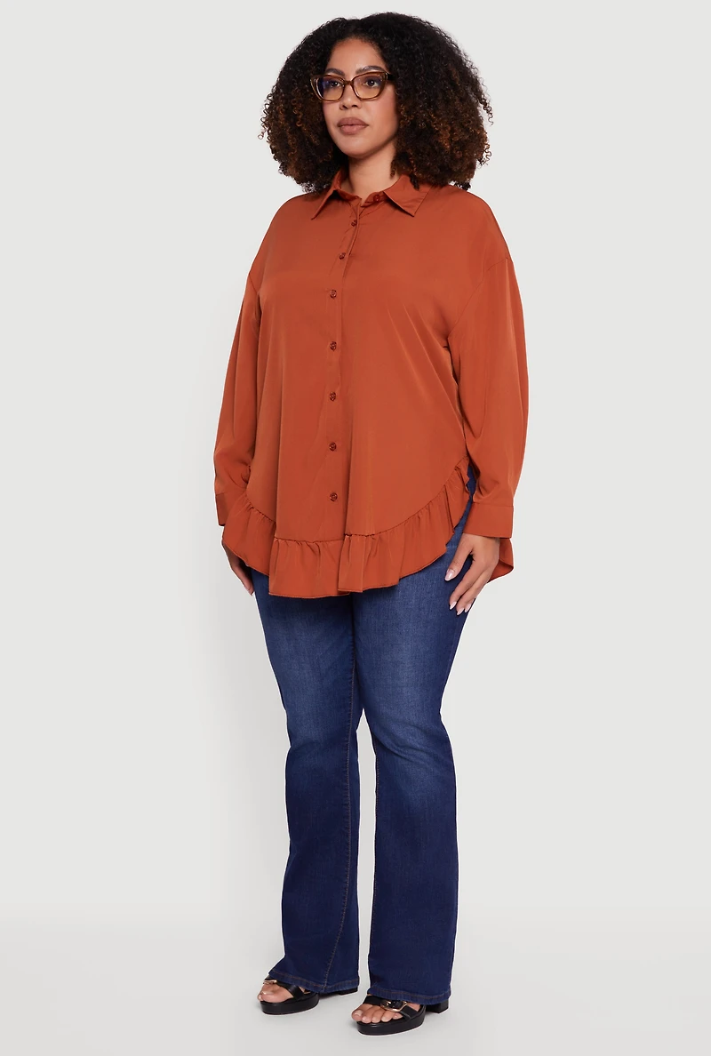 Womens Plus Size Flounce Hem Button Front Shirt, Orange, Size 1X
