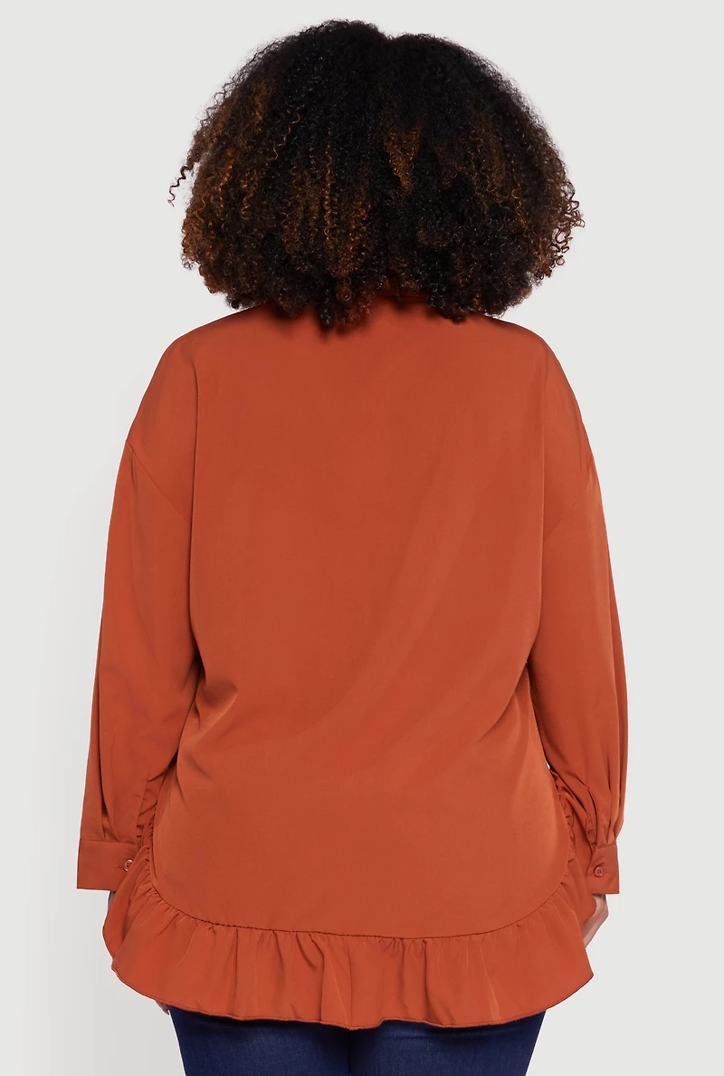 Womens Plus Size Flounce Hem Button Front Shirt, Orange, Size 1X